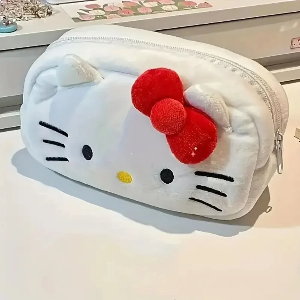 White Cat Pencil Case Make-Up Bag Kawaii Japanese Style Anime Stationary Red Bow